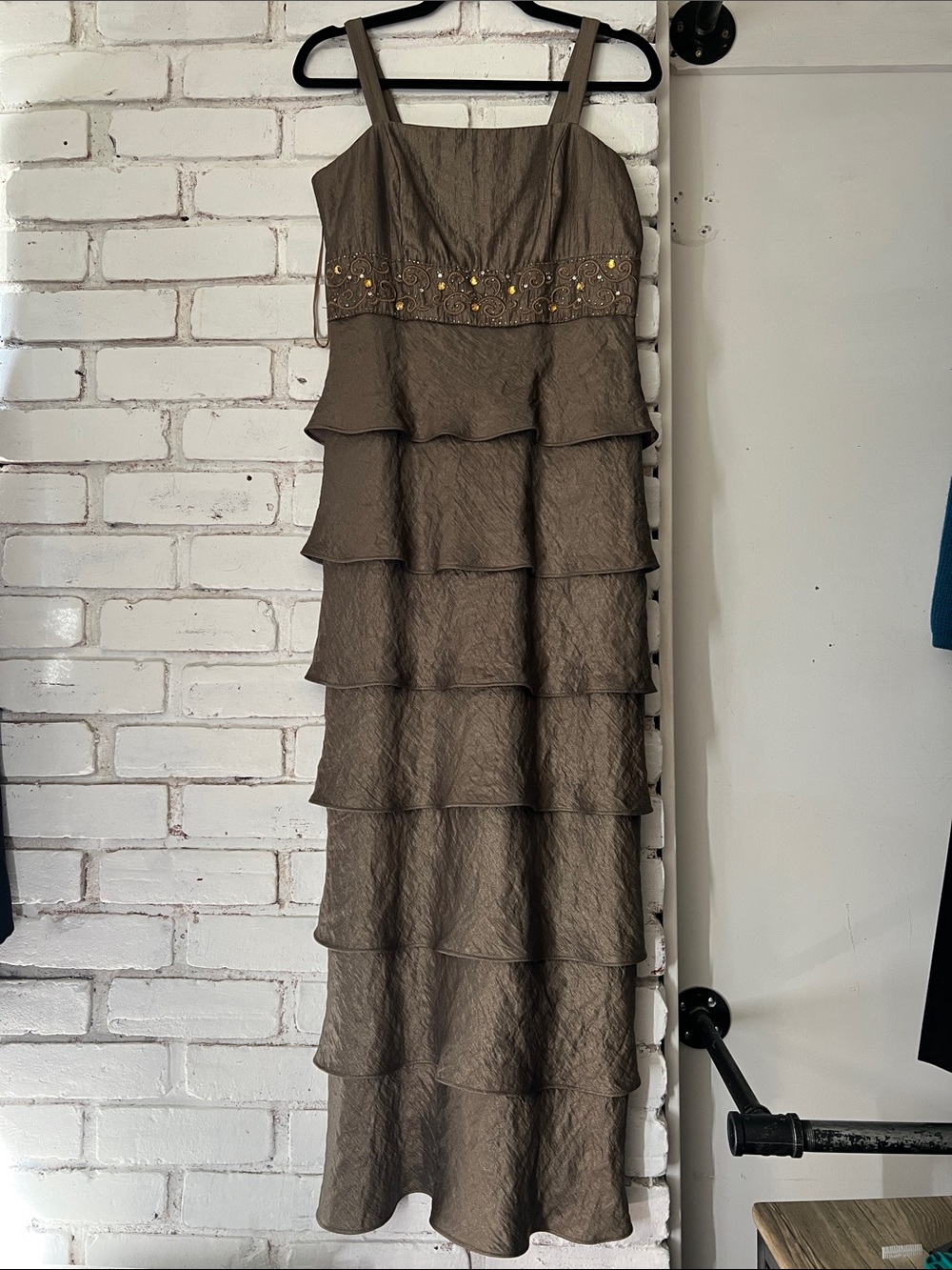 Tiered Ruffle Maxi Dress in Taupe bohemian gala dress